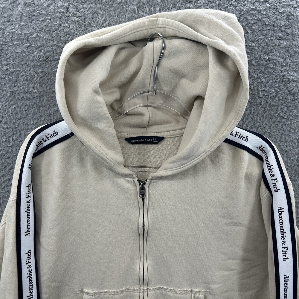 Abercrombie Fitch Hoodie Womens L Beige Full Zip Cropped Sweatshirt Hooded *